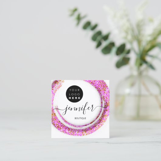 Mode Roze Floral Boutique Logo Gold Vierkante Visitekaartje (Staand voorkant)