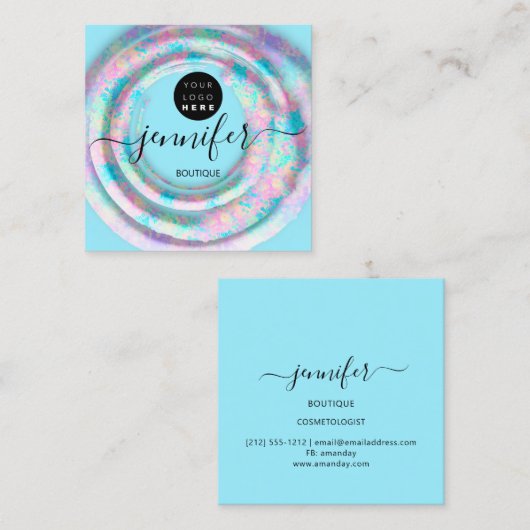 Mode Roze Floral Boutique Logo Pastel Blauw Vierkante Visitekaartje (Voorkant / Achterkant)
