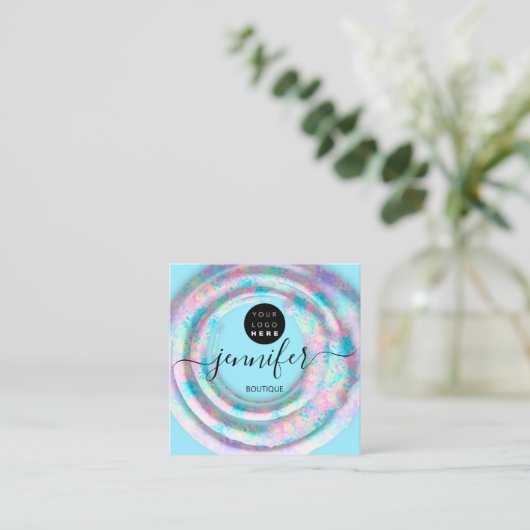 Mode Roze Floral Boutique Logo Pastel Blauw Vierkante Visitekaartje (Staand voorkant)