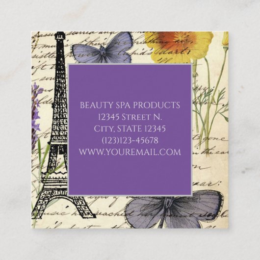 Mode Salon SPA Franse eiffeltoren Parijs Square Vierkante Visitekaartje (Achterkant)