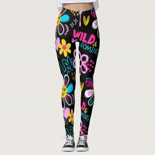 Mode Smiley Bloem Graffiti Patroon Leggings (Voorkant)