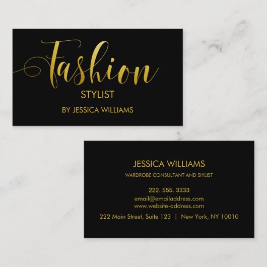 Mode Stylist Gold Script Elegant Black Visitekaartje (Voorkant / Achterkant)