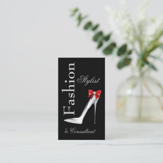 Mode Stylist Silver Stiletto met Red Bow Visitekaartje (Staand voorkant)