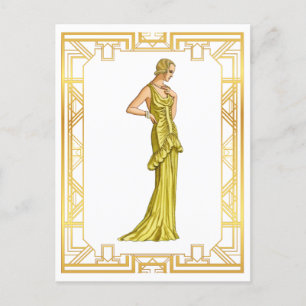 Mode van de jaren dertig: Gold Hollywood Gown Art Briefkaart
