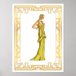  Mode van de jaren dertig: Gold Hollywood Gown Art Poster