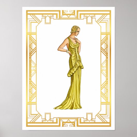 Mode van de jaren dertig: Gold Hollywood Gown Art Poster (Voorkant)