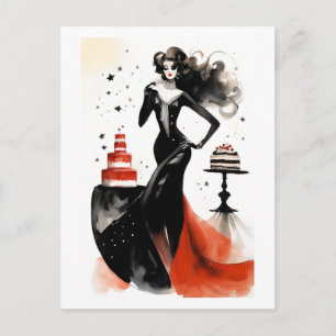 Mode viering. Mooie vrouw met cake Briefkaart