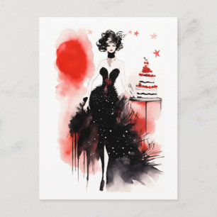 Mode viering. Mooie vrouw met cake Briefkaart