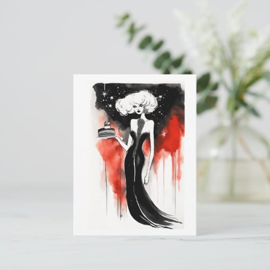 Mode viering. Mooie vrouw met taart Briefkaart (Staand voorkant)