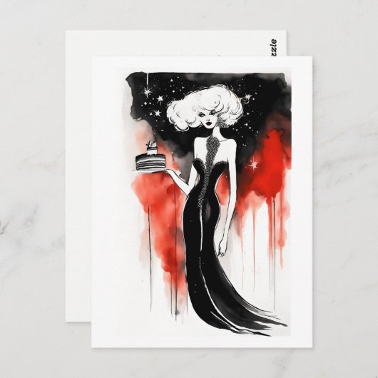 Mode viering. Mooie vrouw met taart Briefkaart (Voorkant / Achterkant)