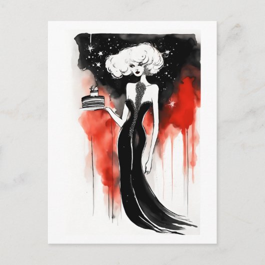 Mode viering. Mooie vrouw met taart Briefkaart (Voorkant)