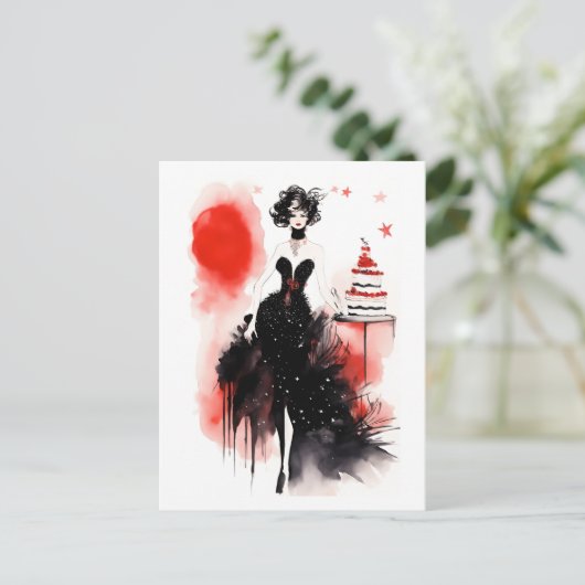 Mode viering. Mooie vrouw met taart Briefkaart (Staand voorkant)