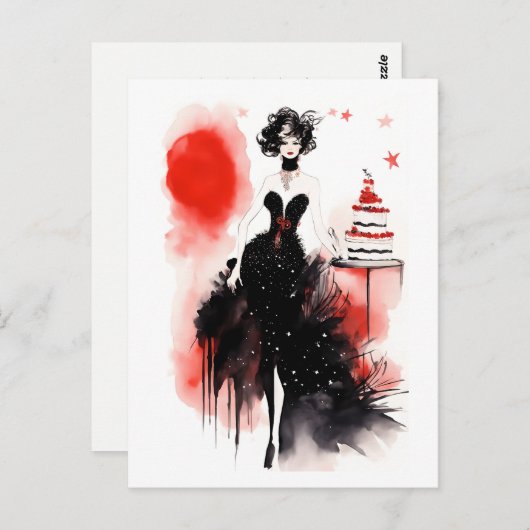 Mode viering. Mooie vrouw met taart Briefkaart (Voorkant / Achterkant)