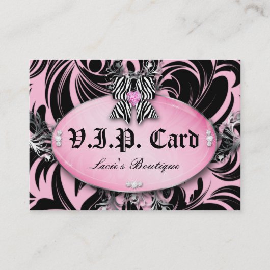 Mode VIP Card Lace Zebra Bow Pink Silver Klantenkaartje (Voorkant)