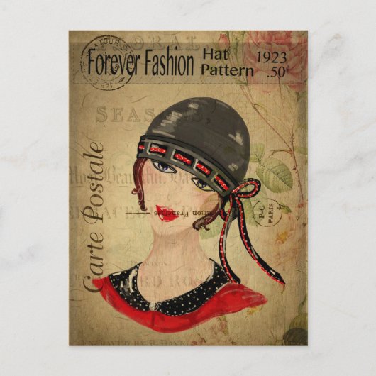  Mode Vrouw in Pet Floral Frans in de jaren 20 van Briefkaart (Voorkant)