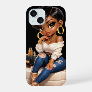 Mode Zwarte Meisje Phonehoesje – Luxe Esthetiek iPhone 15 Case
