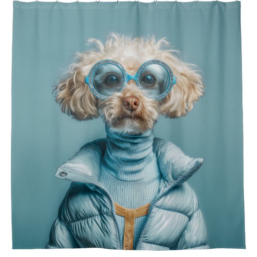 Modehond in blauwe outfit douchegordijn (Voorkant)
