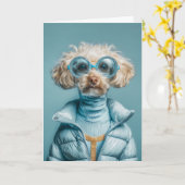 Modehond in blauwe outfit kaart (Gele Bloem)