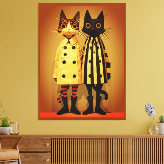 Modekatten – Vreemde kattenjassen en -laarzen Canvas Afdruk (Insitu (Woonkamer))