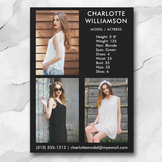 Model Actor 3 Foto Comp Kaart, 5x7 Blk Kaart