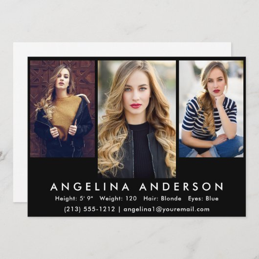 Model Actor 3 Foto Comp Kaart | Zwarte voorzijde (Voorkant / Achterkant)