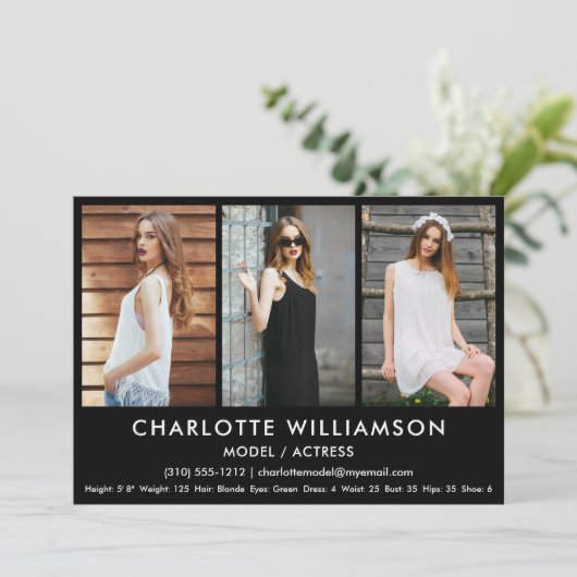 Model Actor Comp Card 3 Foto 5x7 zwart Kaart (Staand voorkant)