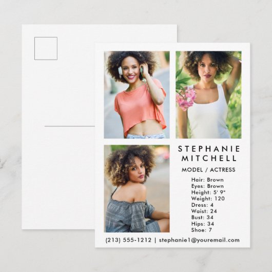 Model Actor Comp Card 3 Photo Wht - Briefkaart (Voorkant / Achterkant)