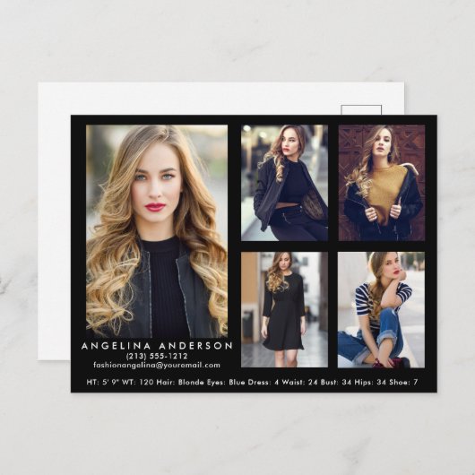 Model Actor Comp Card Black 5 Photo Briefkaart (Voorkant / Achterkant)