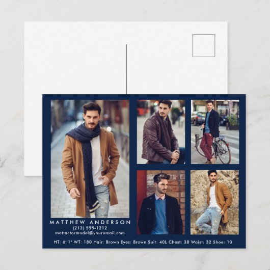 Model Actor Comp Card Blue 5 Photo Briefkaart (Voorkant / Achterkant)