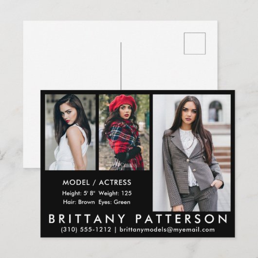 Model Actor Comp Card Briefkaart 3 Foto zwart (Voorkant / Achterkant)
