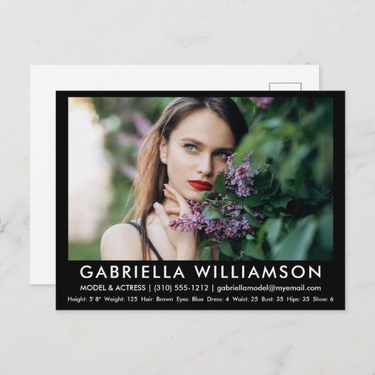 Model Actor Comp Card Photo Black Briefkaart (Voorkant / Achterkant)