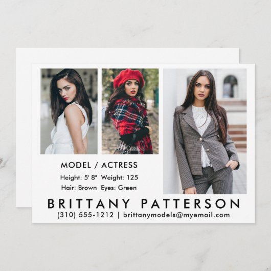 Model Actor Comp Kaart 3 Photo White 5 x7 (Voorkant / Achterkant)