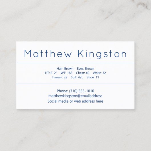 Model Actor Foto Promotie Wit en Blauw Visitekaartje (Achterkant)