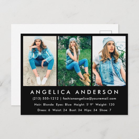 Model Actor Photo Comp Card Blk Briefkaart (Voorkant / Achterkant)