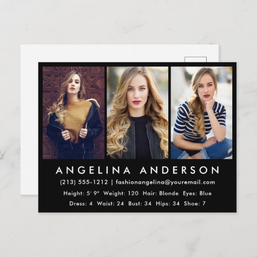 Model Actor Photo Comp Card (zwart Briefkaart) Briefkaart (Voorkant / Achterkant)