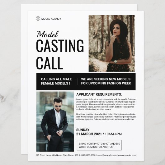 Model Casting Call Flyer Sjabloon (Voorkant / Achterkant)