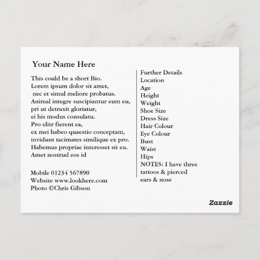 Model Comp Card-Get jouw naam. Briefkaart (Achterkant)