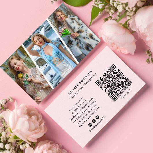 Model Sociale Media, QR Code & 3 Foto Collage Roze Visitekaartje