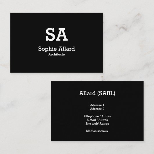 Modèle de carte de visite à initiales noir visitekaartje (Voorkant / Achterkant)