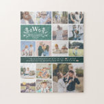 Modelformulier familienaam | 15 Foto-collage Legpuzzel<br><div class="desc">Pas deze unieke puzzel aan met 15 vierkante foto's die zijn gerangschikt in een rastercollage, met initiaal monogram, familienaam en mooie quote. Houd het citaat zoals is of verander in uw douanetak. Alle kleuren kunnen worden gewijzigd, inclusief de "greenery"-banner die uw familienaam en monogram laat zien. Geef uw familiefoto's of...</div>