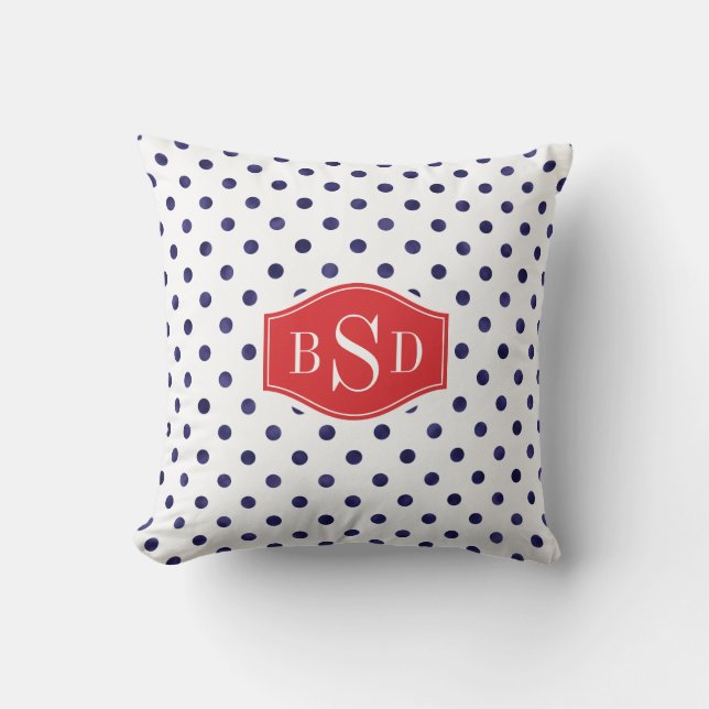 Modelmonogram chroomblauwe en witte poka dots kussen (Voorkant)