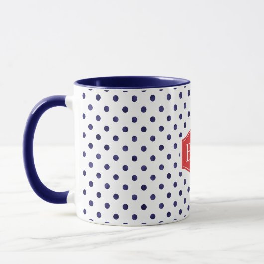 Modelmonogram chroomblauwe en witte poka dots mok (Links)