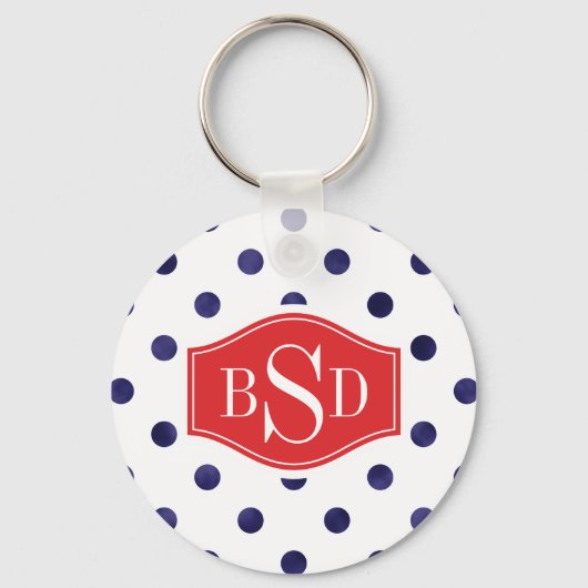 Modelmonogram chroomblauwe en witte poka dots sleutelhanger (Voorkant)