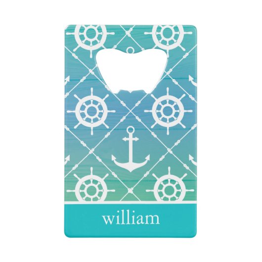 Modelontwerp van Turquoise Nautical Pattern Creditkaart Flessenopener (Voorkant)