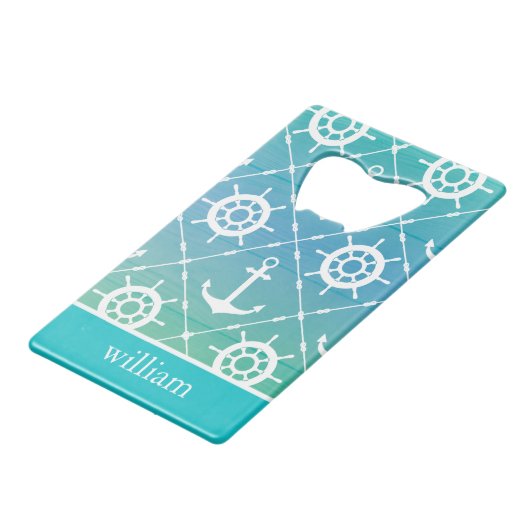 Modelontwerp van Turquoise Nautical Pattern Creditkaart Flessenopener (Voorkant Gekanteld)