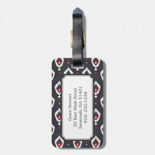 Modelstammenmonogram voor zwarte en rode ikat bagagelabel (Achterkant verticaal)
