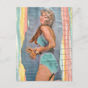 Modemodel Vrouw in 1957 op het strand collage Briefkaart