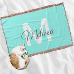moder chic minimalist monogram turquoise aqua blau deken