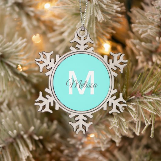 moder chic minimalist monogram turquoise aqua blau tin sneeuwvlok ornament (Boom)