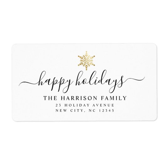 Moder Elegant Script Prettige feestdagen Gold Snow Etiket (Voorkant)